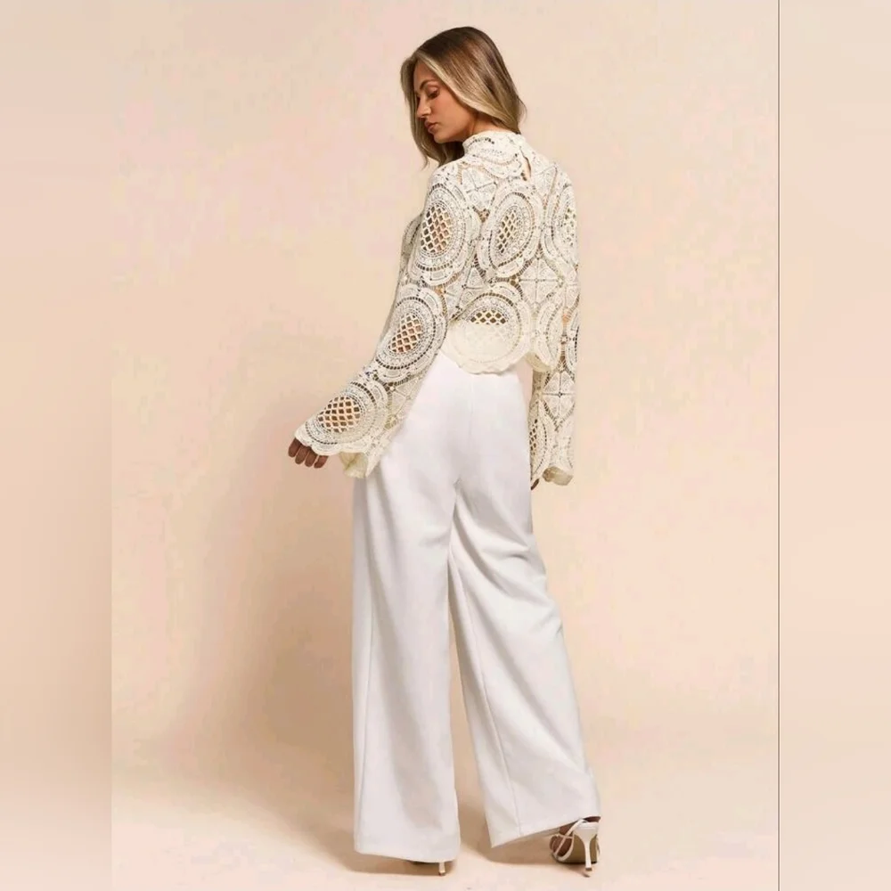 Glamine Long Sleeve StandCollar Water Soluble Flower Inlay Edge Sheer Hollow Top - Picture 2 of 7